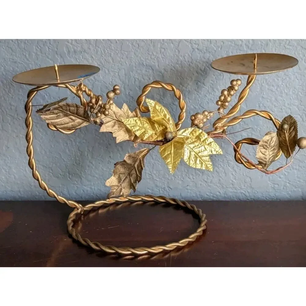 Vtg Hollywood Regency Gold Tole Metal Floral Candle Holder Centerpiece Mantel